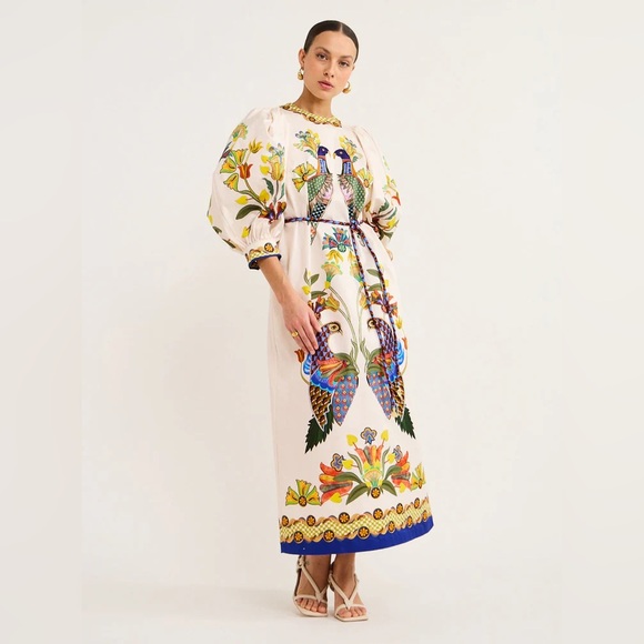 New ALEMAIS Effie puff sleeve midi dress in pearl - Picture 2 of 16